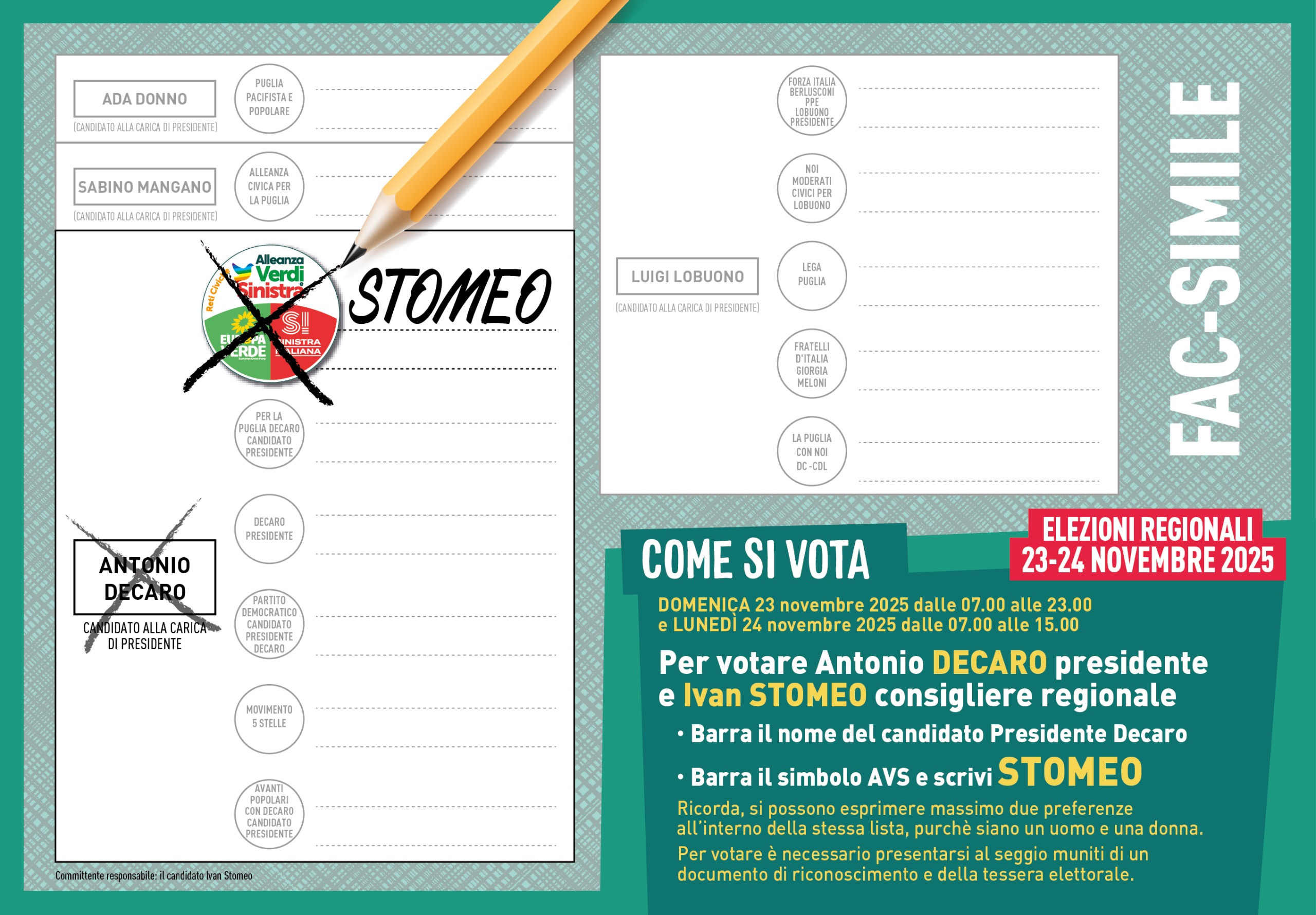VOTA Ivan STOMEO guarda il Fac-Simile della scheda Elettorale - Elezioni Regionali Puglia 23-24 Novembre 2025